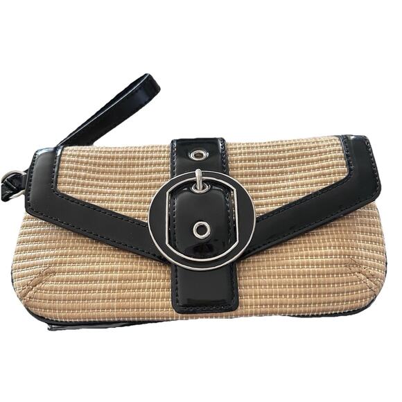 Ann Taylor Wicker Almond/Black Patent Leather Clutch With Silver Buckle Size OS - Picture 1 of 10